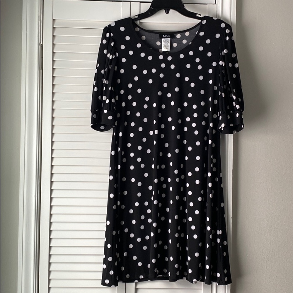 MSK black & white polka dot puff sleeve work dress